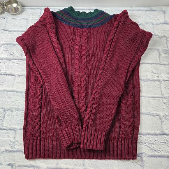 Vintage Gulf Traders Men's Sweater Red Cable Vneck Varsity Ribbed Trim Medium - Picture 12 of 12